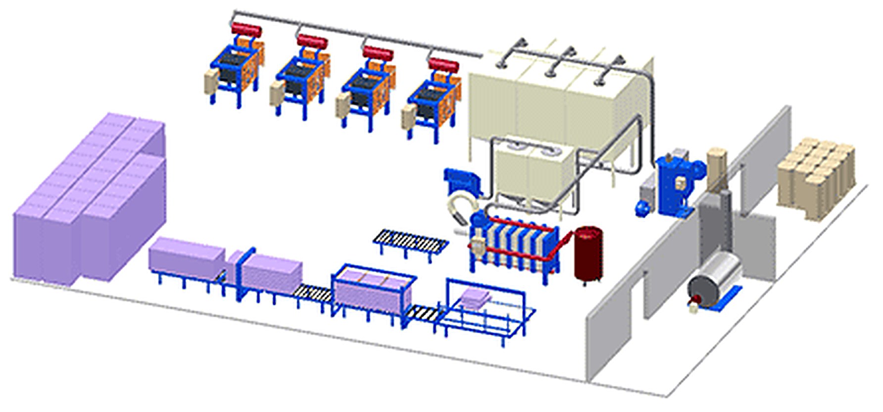 Schemazeichnung der Compoundieranlage mit Dosierstationen, Extruderlinie, Silos und Abfüllung.